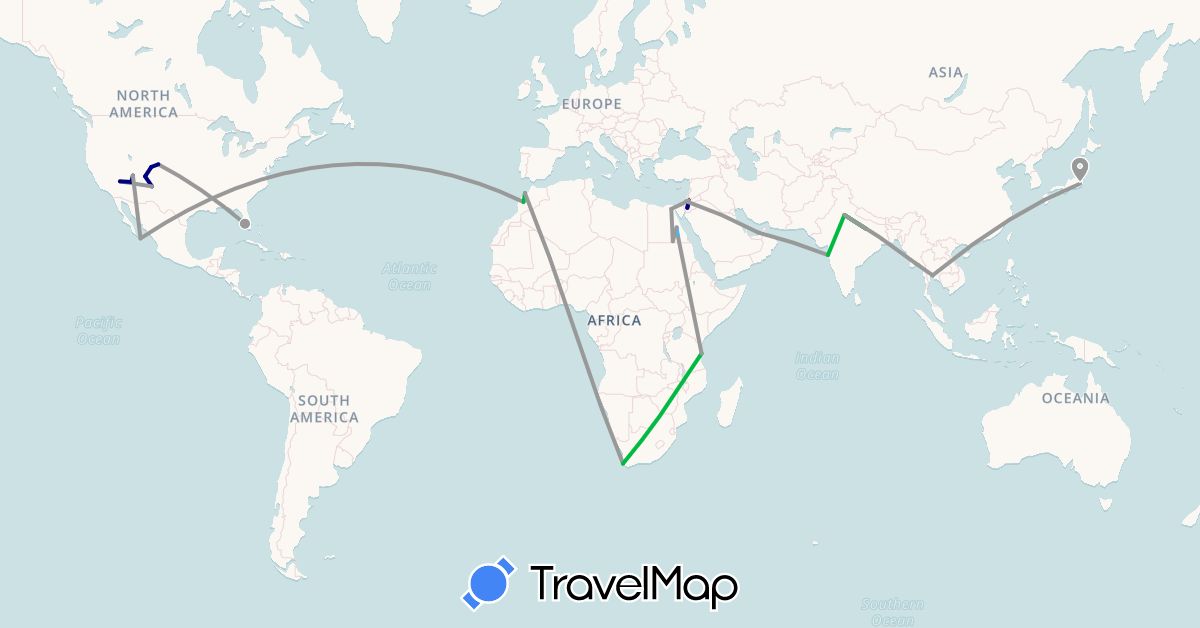 TravelMap itinerary: driving, bus, plane, boat in United Arab Emirates, Egypt, Israel, India, Jordan, Japan, Morocco, Myanmar (Burma), Mexico, Thailand, Tanzania, United States, South Africa (Africa, Asia, North America)